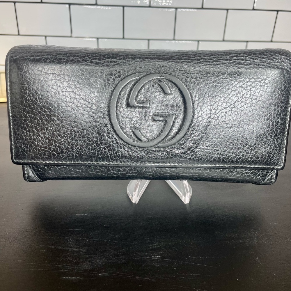 Authentic Gucci Soho Cellarius GG black pebbled leather long wallet